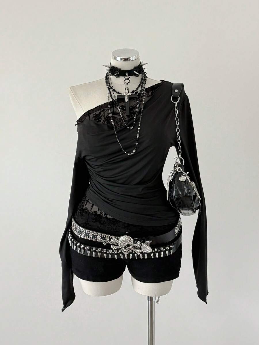 Sunspun Áo thun tay dài phối lưới vá họa tiết Punk & Casual cỡ lớn dành cho nữ - màu đen - Xem 1