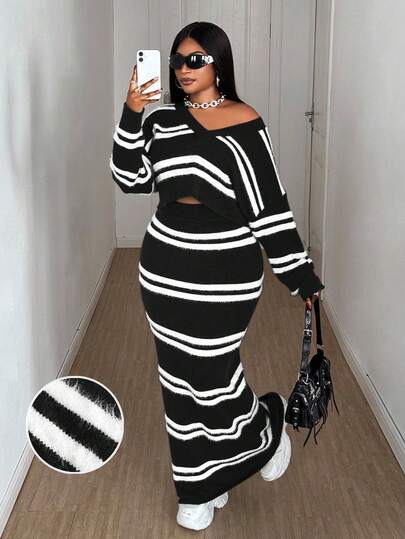 Maweii 女式加大码短款宽松上衣，优雅休闲绿白条纹 V 领 Y2K 休闲长袖修身毛衣修身超长筒条纹两件套连衣裙，加大码，秋冬