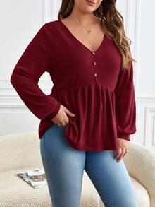 SHEIN Frenchy Áo thun nữ tay dài cổ chữ V hở vai, viền bèo nhún cỡ lớn - Màu Hoa hồng đỏ - Xem 3