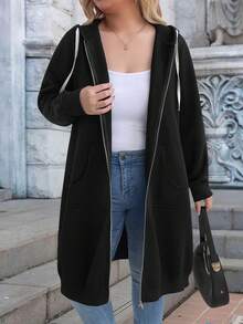 EMERY ROSE Sudadera con cremallera de unicolor de talla grande para mujer, sudadera casual con bolsillo para mujer en primavera/otoño, sudadera con cremallera de manga larga y corte holgado, sudadera con cremallera negra regular - Negro - Ver 5