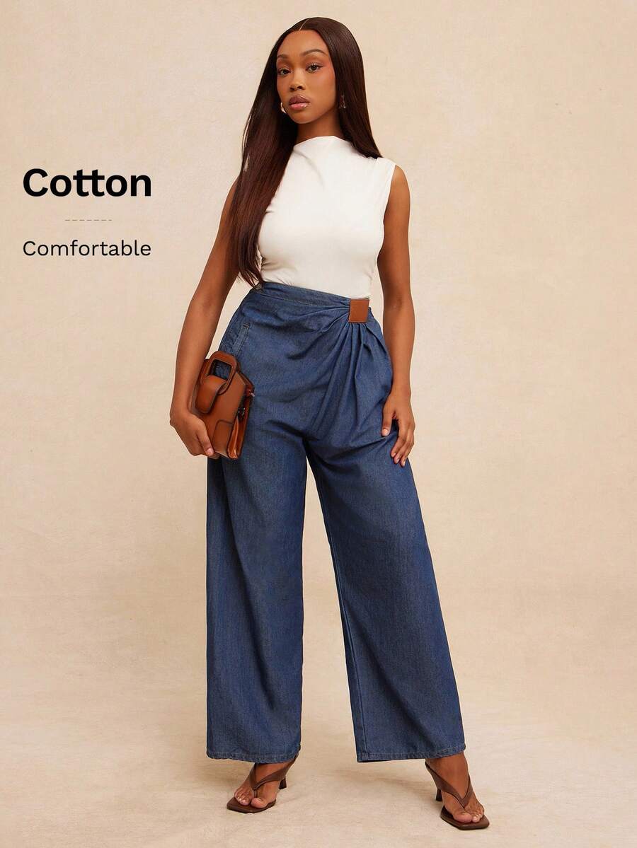 NYA SZN 牛仔裤 不对称高腰 宽松 超大 街头风 复古 Y2K 日常休闲 商务休闲 秋冬 适合女性通勤装 - 深色水洗藍 - 查看 1