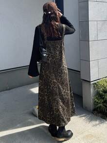 FRIFUL 女士时尚豹纹无袖方领休闲宽松长款牛仔连衣裙 - 棕色 - 查看 7