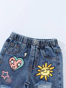 SHEIN Baby Girl Floral Print Distressed Pocket Casual Jeans - Medium Wash - View 4