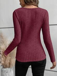 EMERY ROSE Fashionable & Elegant Women's Sweetheart Collar Twist Long Sleeve T-Shirt - Maroon - View 2