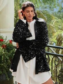 VOLUPTÉ CURVE 大码女式法式亮片串珠黑色长袖衬衫，直筒宽松版型，适合派对和宴会，春季 - 黑色 - 查看 8