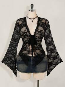 SHEIN ICON 加大码 Y2K 女式西部乡村音乐会波西米亚嬉皮哥特透明勃艮第性感蕾丝扭纹前长袖开衫，适合万圣节 - 黑色 - 查看 3