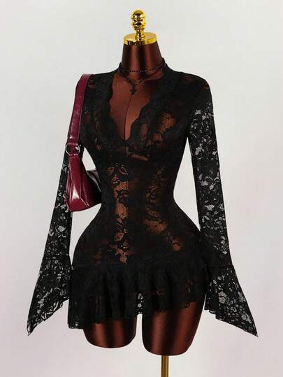 Amplova Vestido mini transparente de estilo hippie de verano para mujer