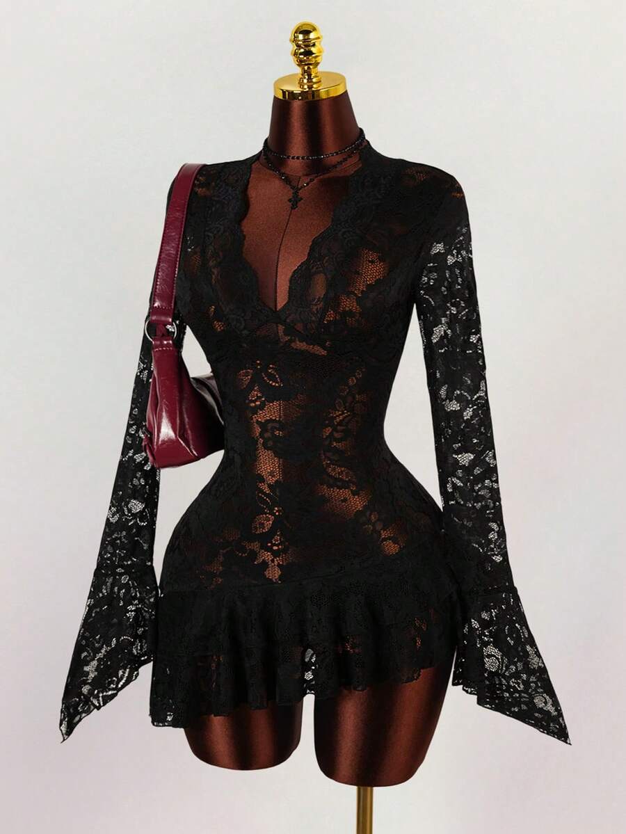 Amplova 夏季嬉皮风格女士透明低胸迷你连衣裙 - 黑色 - 查看 1