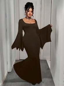 EMERY ROSE Plus Size Women Gothic Style Witch Dress, Vintage Batwing Sleeve Scoop Neck Robe, New Halloween Mermaid Tail Elastic Long Robe - Coffee Brown - View 5