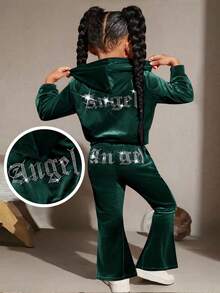 SHEIN Baby Girl 2Pcs Dark Green Velvet Hoodie & Flare Winter Pants Outfits, Letter Pattern Sweatpants Set,Y2k Fashionable Cute Casual Autumn Outfits - Green - View 2