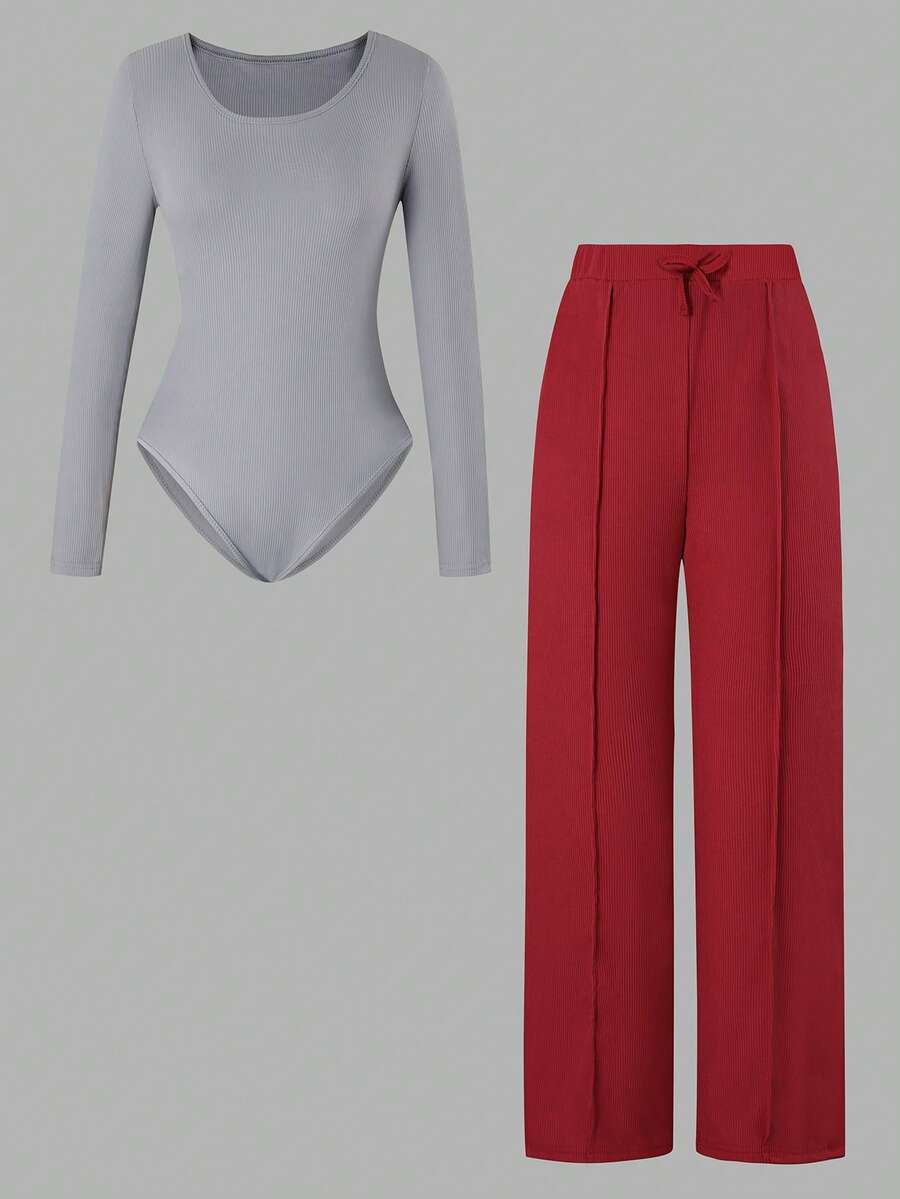 Set de 2 piezas: Top body de unicolor informal + Pantalones de pierna ancha para niñas preadolescentes, otoño e invierno - Multicolor - Ver 1