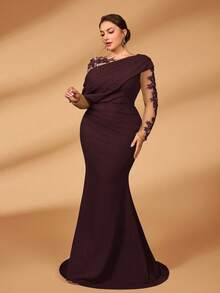 Serin 大码优雅浪漫奢华弹力针织撞色网纱不对称荷叶边修身鱼尾连衣裙，适合晚宴、约会、舞会、度假、婚礼、新娘礼服、母亲礼服、情人节等场合。 - 紫紅色 - 查看 5