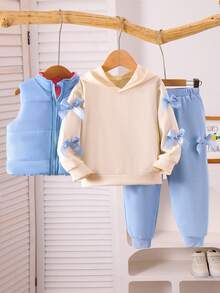 3 件套女童休闲可爱日常服装，包括蓝色连帽长袖运动衫、粉色蝴蝶结背心、圆领套头衫和裤子，时尚冬季儿童户外服装 - 藍色 - 查看 4