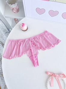 PetitDoll Bragas tipo tanga con encaje, parches y decoración de volantes y moño para mujer - Rosa - Ver 2