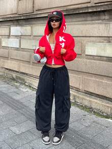 Coolane Women's  Fall/Winter Streetwear Y2K Vintage Punk Dirty  Big Pocket  Grey Cuffed Pants - Grey - View 5