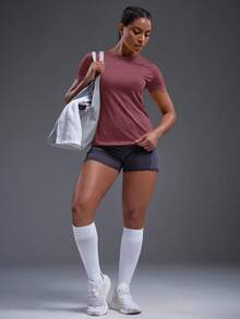 Powerista Slogan Graphic Sports Tee Gym Women Shirts - Rose Red - View 5