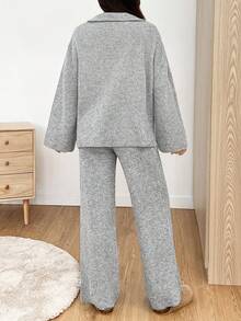 CovetEZ 女士纯色拉链半襟落肩长袖毛衣和针织裤休闲套装，秋冬 - 灰色 - 查看 2