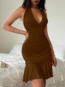 Flirla Petite 黑色掛脖性感迷你洋裝，休閒度假風，春夏款，適合嬌小女性 - 咖啡棕 - 查看 3