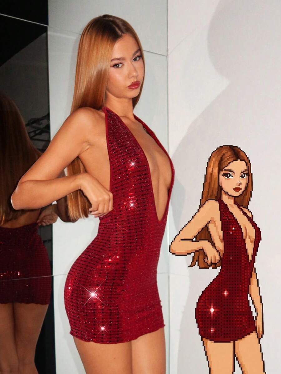 EgrlEra Women's Sexy Sequin V-Neck Bodycon Mini Dress, Christmas - Burgundy - View 1