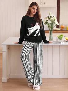 Louniche 时尚复古单肩女士秋冬睡衣套装，针织猫咪上衣和条纹针织裤 - 黑與白 - 查看 4