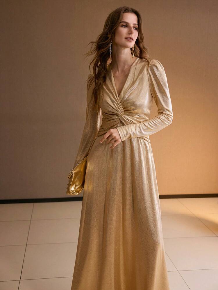 WOMEN'S METALLIC V-NECK GIGOT SLEEVE TWIST FRONT LONG DRESS, AUTUMN/WINTER