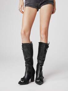 Sugerpunk Women's High Heel Boots, Versatile Elegant Pointed Toe Fashion PU Thick Heel Boots, Autumn/Winter - Black - View 2