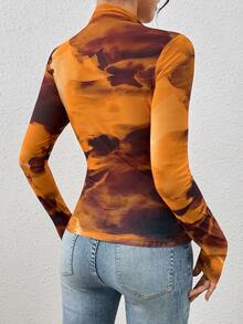 Allurite 女式休闲扎染高领修身长袖上衣，秋季 - 棕色 - 查看 2