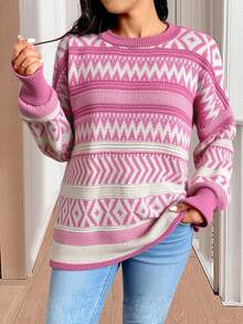 SHEIN Cottnline Plus Size Casual Christmas Geometric Pattern Plus Size Pullover Sweater For New Year Clothes - Pink - View 4
