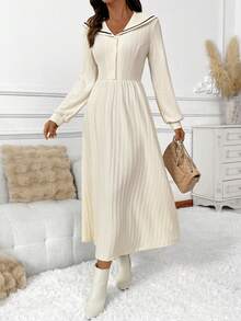 EMERY ROSE Women's Casual Contrast Piping Sailor Collar Lantern Sleeve Waist Cinched Dress, Spring/Autumn - Beige - View 4