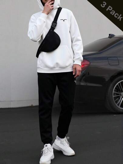 3 件套青少年男孩休闲装：套头连帽运动衫搭配罗纹针织慢跑裤，黑白撞色设计，斜跨包，舒适面料，百搭颜色，适合上学和日常穿着，秋冬