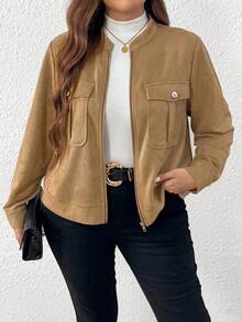 SHEIN Tall Damen Jacke in Große Größen, lässig, locker, mit Brusttasche, Stehkragen, Reißverschluss, Langarm, für Herbst/Winter