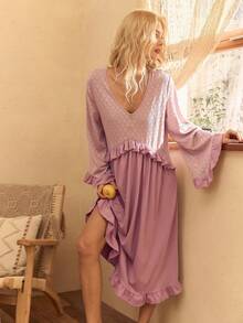 Lullawish Váy ngủ nữ viền bèo nhún khoét rỗng họa tiết Bohemian Jacquard, mùa đông - Bụi tím - Xem 5