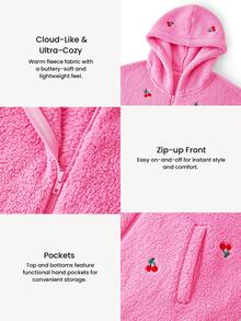 LUVLETTE 冬季基础款柔软保暖女士睡衣粉色樱桃连帽短外套内衣外穿圣诞节新年睡衣款式2025 - 粉色 - 查看 4