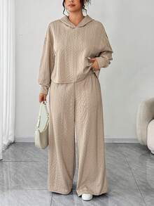 Elenzga Plus Size Women Loose Hooded Textured Two Pieces Set, Casual For Daily Commute