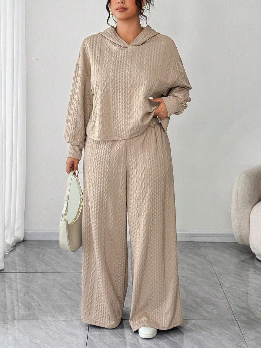 Elenzga Plus Size Women Loose Hooded Textured Two Pieces Set, Casual For Daily Commute