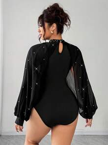 Elenzga 大码女式奢华派对雪纺泡泡袖串珠装饰修身黑色紧身衣 - 黑色 - 查看 2