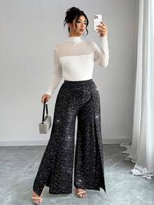 Elenzga Pantalon droit à fente haute et feuille métallique pour femmes grandes tailles, convient pour le quotidien, les fêtes, les concerts et les festivals de musique - Noir - Voir 3