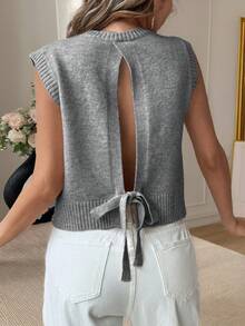 Serisse Áo vest lưới dệt kim hoa hở lưng buộc dây dành cho nữ - Màu xám đen - Xem 6