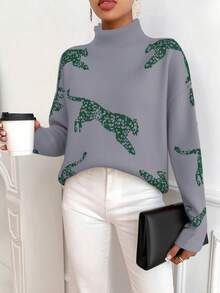 SHEIN LUNE 女士时尚休闲图案立领落肩长袖毛衣 - 灰色 - 查看 5