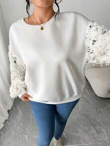 Elenzga Sudadera de cuello redondo de manga larga con parches de lentejuelas de moda informal para mujer de talla grande