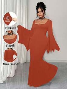 EMERY ROSE Plus Size Women Gothic Style Witch Dress, Vintage Batwing Sleeve Scoop Neck Robe, New Halloween Mermaid Tail Elastic Long Robe - Orange - View 1