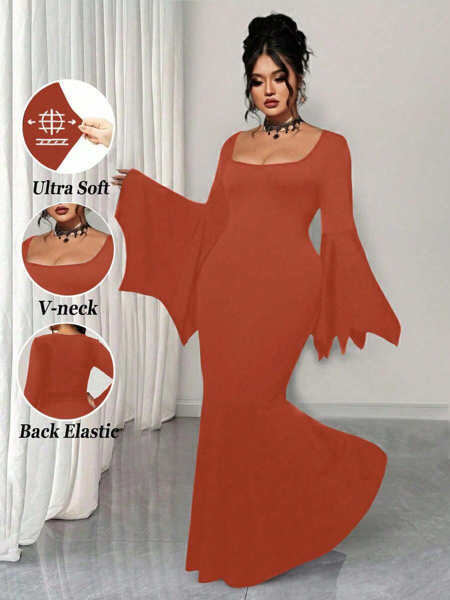 EMERY ROSE Plus Size Women Gothic Style Witch Dress, Vintage Batwing Sleeve Scoop Neck Robe, New Halloween Mermaid Tail Elastic Long Robe - Orange - View 1