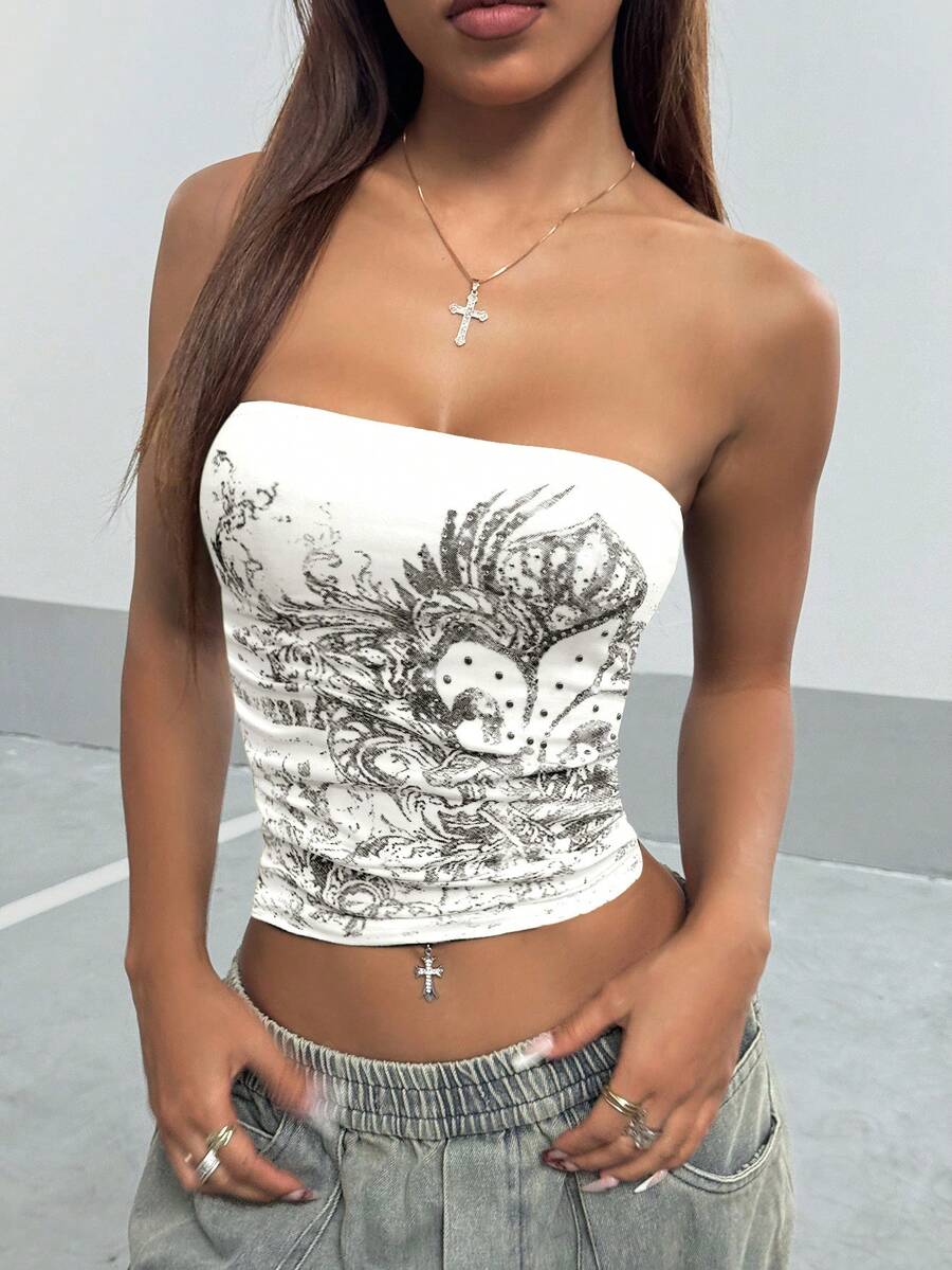 StreetHx Streetwear 女式摇滚深色水钻抹胸上衣 - 白色 - 查看 1