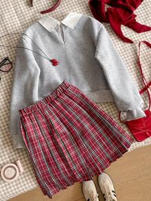 2 件套青少年女孩饼干蝴蝶结装饰学院风服装，浅灰色领口运动衫 + 红色和棕色格子百褶裙，活力学院风，秋冬 - 紅色 - 查看 2