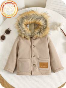 SHEIN 男女宝宝可爱米色连帽毛领外套，休闲冬装 - 彩色 - 查看 4