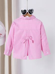 SHEIN 1 件女童翻领长袖纽扣条纹衬衫，正面绣有图案，秋季休闲上衣 - 粉色 - 查看 2