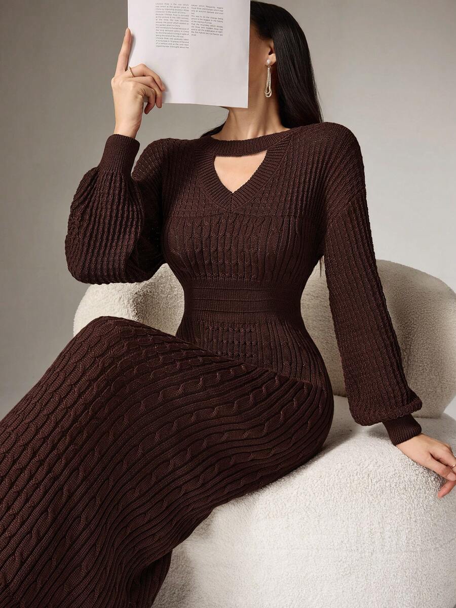 Heiryn Women's Fashionable Elegant V-Neck Drop Shoulder Long Sleeve Fitted Sweater Dress,Fall,Fall Clothes For Women - Coffee Brown - View 1