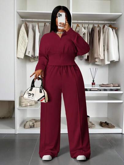 Slaydiva Autumn & Winter New Arrivals, Women's Fall/Winter Clothes, Halloween, Plus Size Women Lounge Sets Long Sleeve Jumpsuit Modest Two Pieces Set Curve Jumpsuits Plus Size Jumpsuits Elegant
