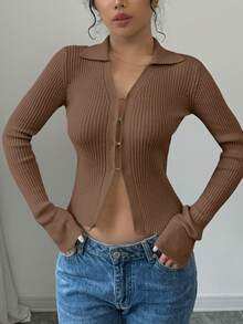 Elenzga Cardigan Kasual Warna Polos dengan Kerah Lipat dan Lengan Mengembang, Pas Badan, Musim Gugur - Khaki - View 3
