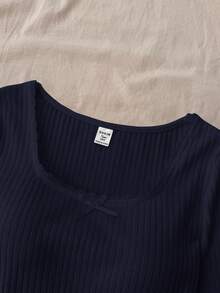 SHEIN 少女百搭休闲纯白针织圆领宽松长袖蕾丝蝴蝶结T恤上衣，返校季可爱长袖上衣，紧身款上衣，方领上衣，黑色长袖上衣 - 藏蓝色 - 查看 3